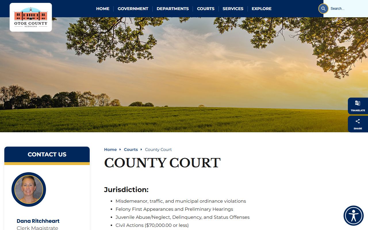 Otoe County Court contact page for county court jurisdiction and clerk details