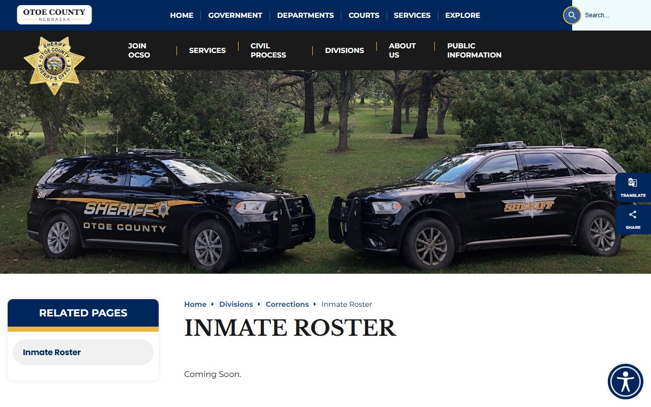 Otoe County inmate roster page showing Coming Soon status