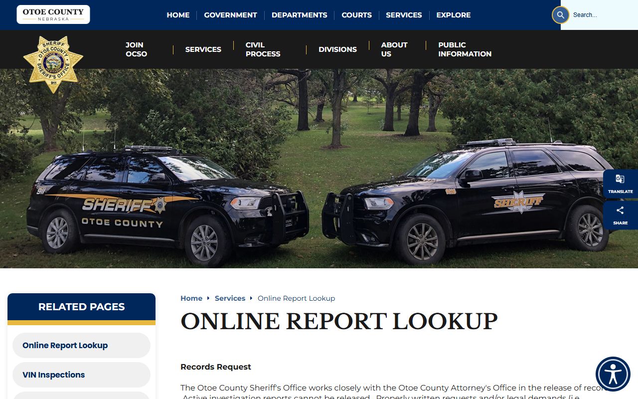 Otoe County Sheriff's records request and report fee page